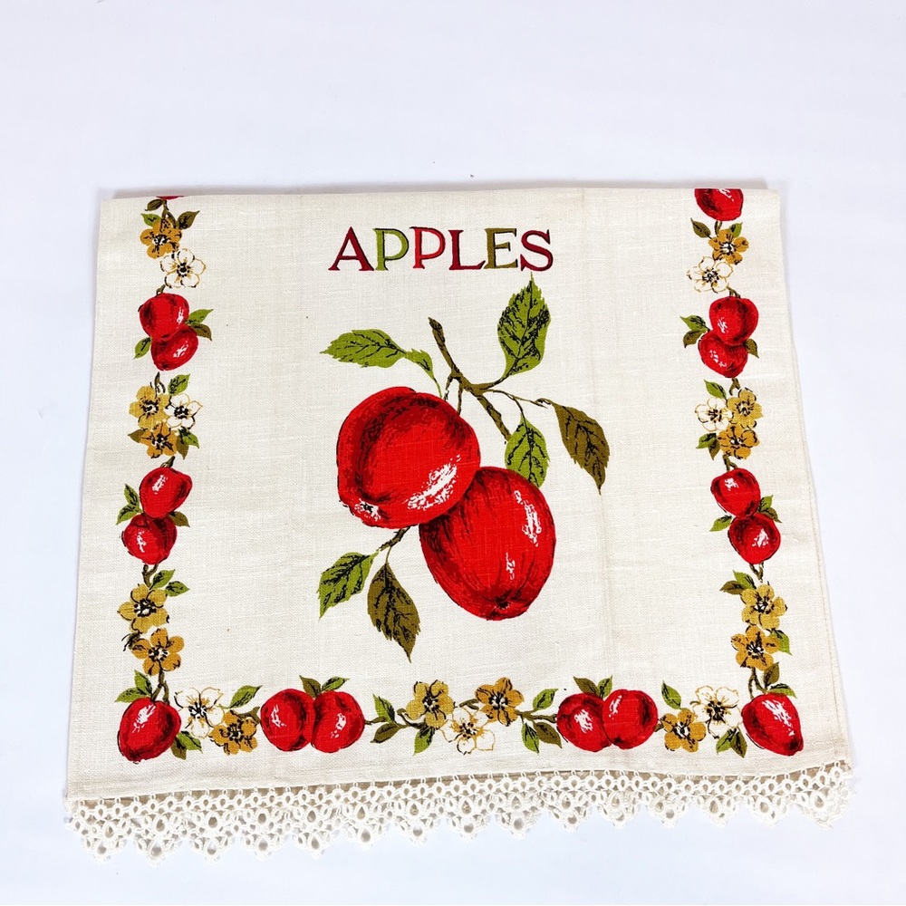 Linen Apple Hand-towel With Crocheted Lace Hem Vintage